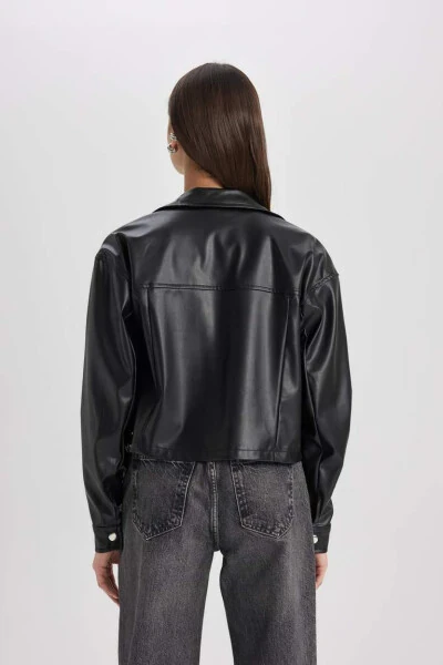 Oversize Fit Sun'iy Teri Uzun Yengli Ko'ylak Qora - 10