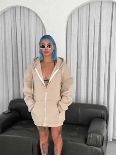 Oversize Full Zip Long Sleeve Cardigan - Beige - 1