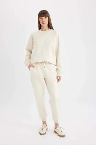 Oversize Geniş Kalıp Bisiklet Yaka Basic Düz Kalın Sweatshirt-Kum - 2