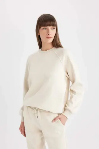 Oversize Geniş Kalıp Bisiklet Yaka Basic Düz Kalın Sweatshirt-Kum - 3