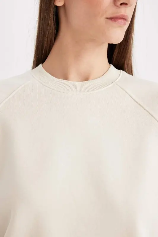 Oversize Geniş Kalıp Bisiklet Yaka Basic Düz Kalın Sweatshirt-Kum - 5