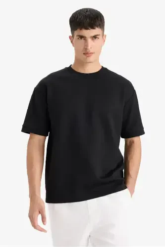 Oversize Geniş Kalıp Bisiklet Yaka Basic Düz Kısa Kollu Ağır Kumaş Siyah Tişört-Siyah - 3