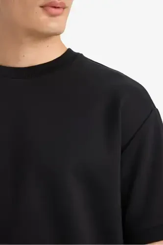 Oversize Geniş Kalıp Bisiklet Yaka Basic Düz Kısa Kollu Ağır Kumaş Siyah Tişört-Siyah - 5