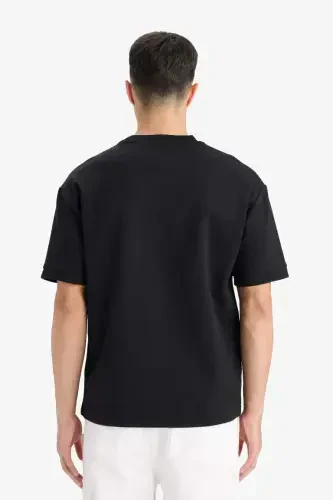 Oversize Geniş Kalıp Bisiklet Yaka Basic Düz Kısa Kollu Ağır Kumaş Siyah Tişört-Siyah - 6