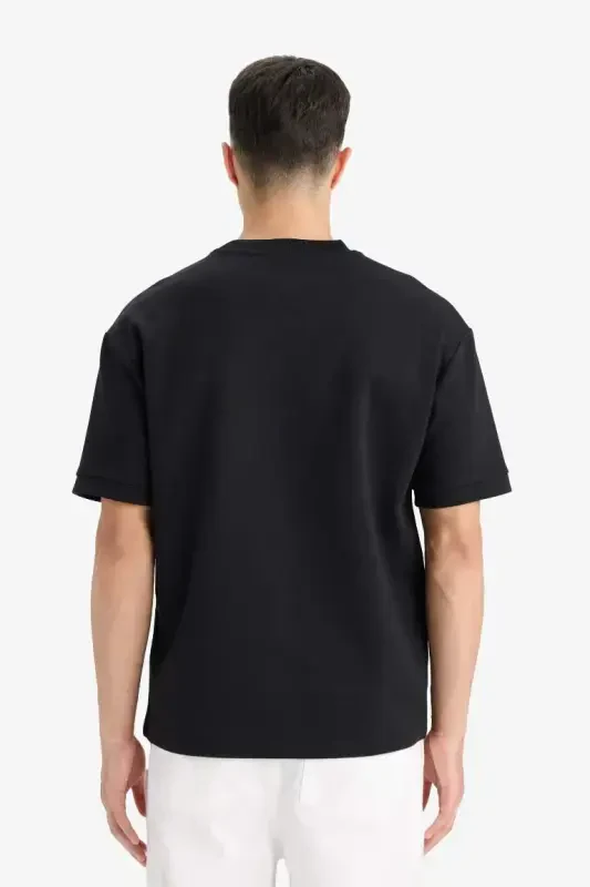 Oversize Geniş Kalıp Bisiklet Yaka Basic Düz Kısa Kollu Ağır Kumaş Siyah Tişört-Siyah - 6