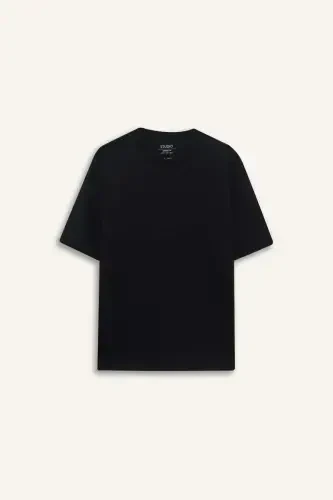 Oversize Geniş Kalıp Bisiklet Yaka Basic Düz Kısa Kollu Ağır Kumaş Siyah Tişört-Siyah - 7