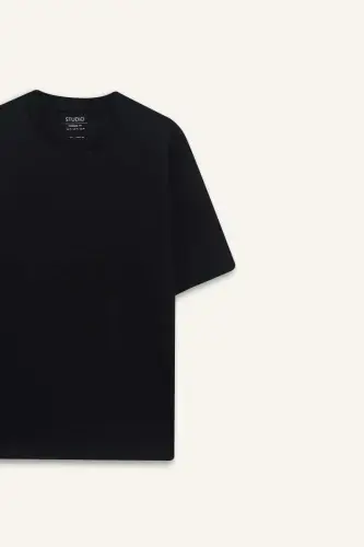 Oversize Geniş Kalıp Bisiklet Yaka Basic Düz Kısa Kollu Ağır Kumaş Siyah Tişört-Siyah - 8