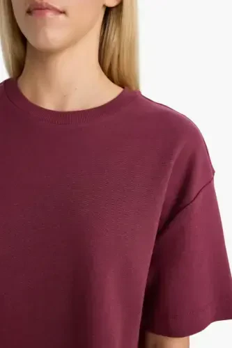 Oversize Geniş Kalıp Bisiklet Yaka Basic Düz Kısa Kollu Tişört-Bordo - 5