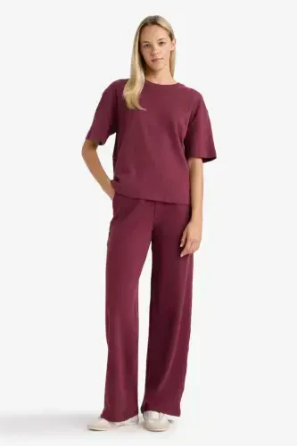 Oversize Geniş Kalıp Bisiklet Yaka Basic Düz Kısa Kollu Tişört-Bordo - 2