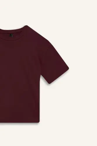 Oversize Geniş Kalıp Bisiklet Yaka Basic Düz Kısa Kollu Tişört-Bordo - 8