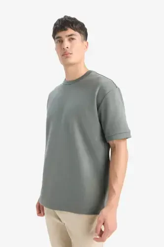 Oversize Geniş Kalıp Bisiklet Yaka Basic Düz Kısa Kollu Tişört-Yeşil 