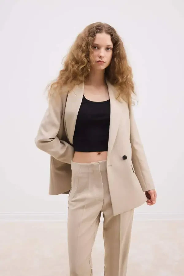 Oversize Geniş Kalıp Ceket Yaka Düğmeli Basic Düz Blazer Ceket-Bej - 2