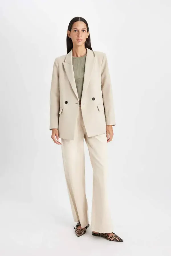 Oversize Geniş Kalıp Ceket Yaka Düğmeli Basic Düz Blazer Ceket-Bej - 5
