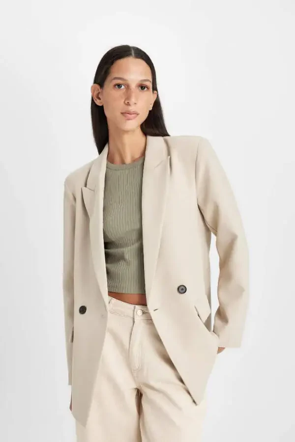 Oversize Geniş Kalıp Ceket Yaka Düğmeli Basic Düz Blazer Ceket-Bej - 7