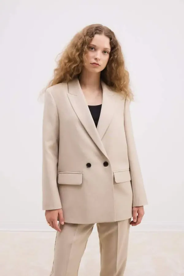 Oversize Geniş Kalıp Ceket Yaka Düğmeli Basic Düz Blazer Ceket-Bej - 10