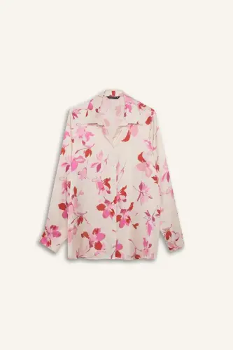 Oversize Geniş Kalıp Desenli Saten Uzun Kollu Gömlek-Ekru - 8