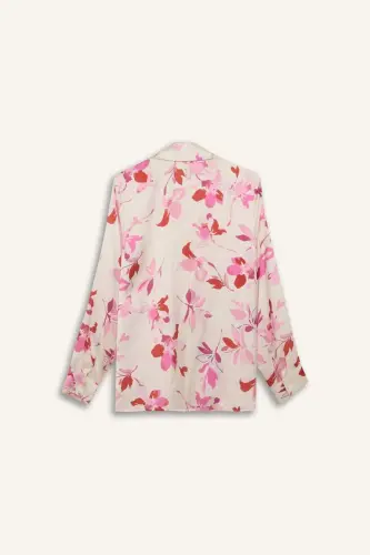 Oversize Geniş Kalıp Desenli Saten Uzun Kollu Gömlek-Ekru - 10