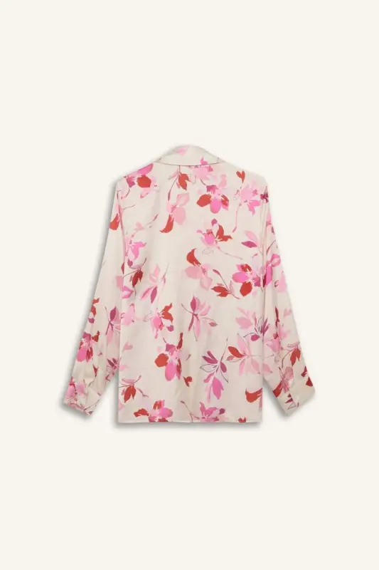 Oversize Geniş Kalıp Desenli Saten Uzun Kollu Gömlek-Ekru - 10