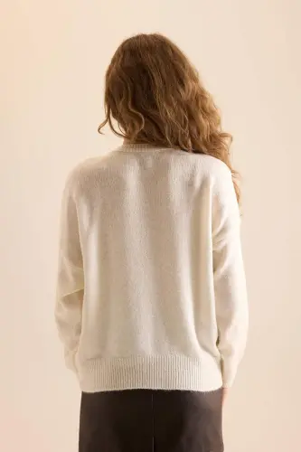 Oversize Geniş Kalıp Düğmeli Yaka Triko Kazak D4913AXNS - Bej-BG474 - 5