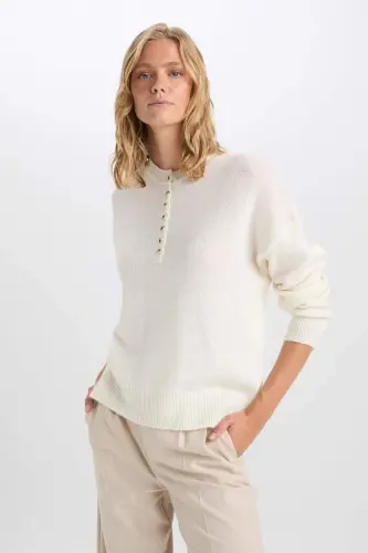 Oversize Geniş Kalıp Düğmeli Yaka Triko Kazak D4913AXNS - Bej-BG474 - 6