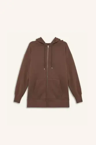 Oversize Geniş Kalıp Kapüşonlu Cepli Basic Düz Fermuarlı Sweatshirt-Kahve - 6