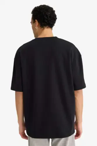 Oversize Geniş Kalıp Ütü Gerektirmeyen Bisiklet Yaka Kısa Kollu Basic Düz Ağır Kumaş Siyah Tişört-Siyah - 5