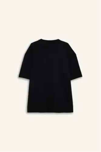 Oversize Geniş Kalıp Ütü Gerektirmeyen Bisiklet Yaka Kısa Kollu Basic Düz Ağır Kumaş Siyah Tişört-Siyah - 8