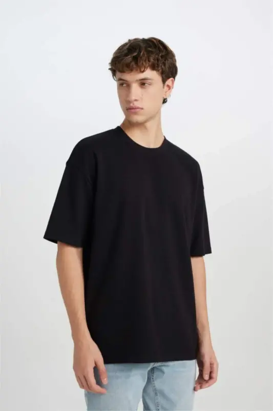 Oversize Geniş Kalıp Ütü Gerektirmeyen Bisiklet Yaka Kısa Kollu Basic Düz Ağır Kumaş Siyah Tişört-Siyah - 3