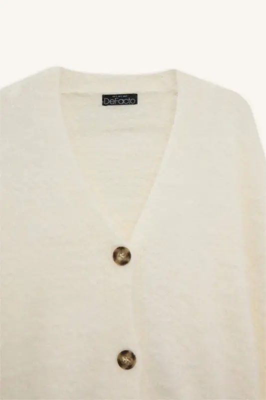 Regular Fıt V Yaka Triko Hırka-Ekru - 3