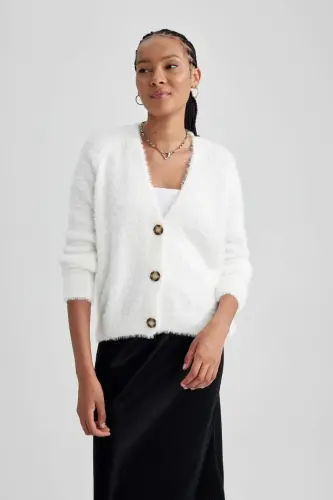 Oversize Geniş Kalıp V Yaka Triko Hırka-Ekru - 4