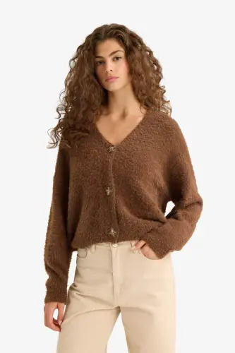 Regular Fıt V Yaka Triko Hırka-Kahve - 3