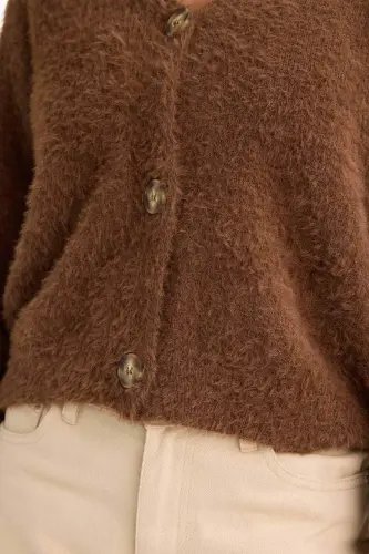 Regular Fıt V Yaka Triko Hırka-Kahve - 5