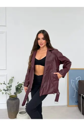 Oversize Gizli Cepli Kadın Uzun Biker Deri Ceket - Bordoy - 1