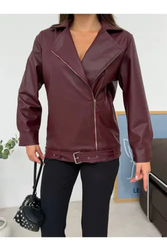 Oversize Gizli Cepli Kadın Uzun Biker Deri Ceket - Bordoy - buqre's moda (1)