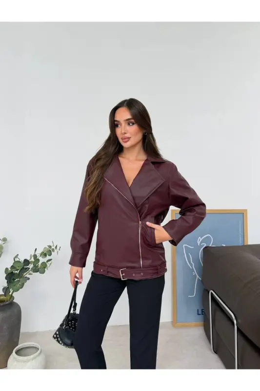 Oversize Gizli Cepli Kadın Uzun Biker Deri Ceket - Bordoy - 3