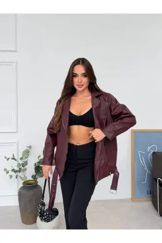 Oversize Gizli Cepli Kadın Uzun Biker Deri Ceket - Bordoy - 4