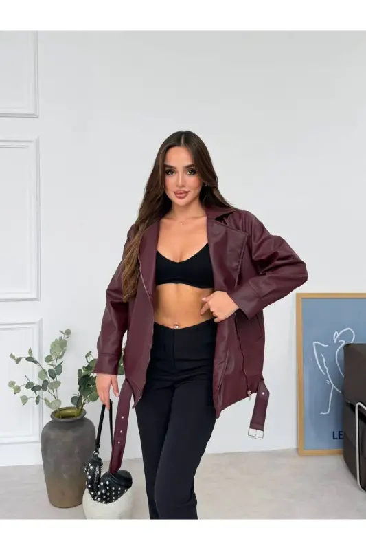 Oversize Gizli Cepli Kadın Uzun Biker Deri Ceket - Bordoy - 4