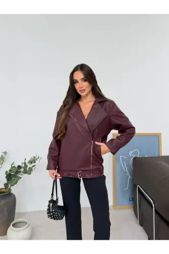 Oversize Gizli Cepli Kadın Uzun Biker Deri Ceket - Bordoy - 5