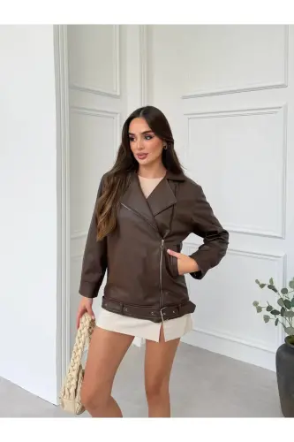 Oversize Gizli Cepli Kadın Uzun Biker Deri Ceket - Kahverengiy - buqre's moda (1)