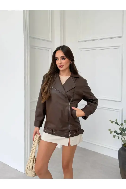 Oversize Gizli Cepli Kadın Uzun Biker Deri Ceket - Kahverengiy - 2