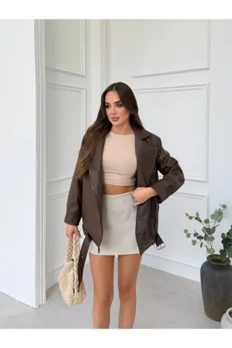 Oversize Gizli Cepli Kadın Uzun Biker Deri Ceket - Kahverengiy - 4