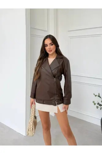 Oversize Gizli Cepli Kadın Uzun Biker Deri Ceket - Kahverengiy - 5