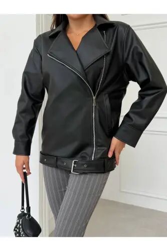 Oversize Gizli Cepli Kadın Uzun Biker Deri Ceket - Siyahy - 1