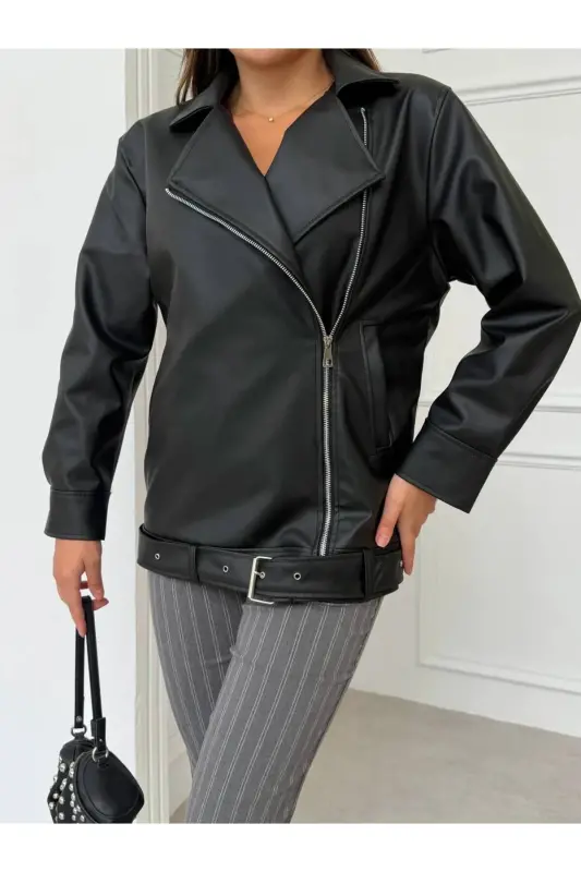 Oversize Gizli Cepli Kadın Uzun Biker Deri Ceket - Siyahy - 1