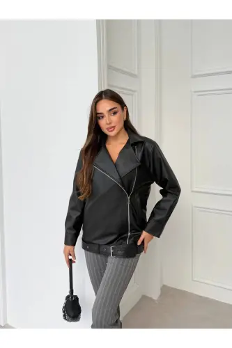 Oversize Gizli Cepli Kadın Uzun Biker Deri Ceket - Siyahy - buqre's moda (1)