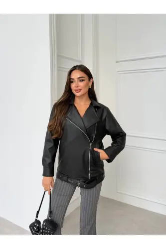 Oversize Gizli Cepli Kadın Uzun Biker Deri Ceket - Siyahy - 3