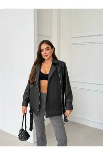 Oversize Gizli Cepli Kadın Uzun Biker Deri Ceket - Siyahy - 4