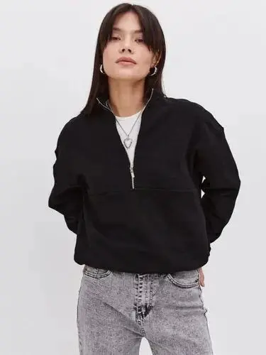 Oversize Half Zipper Collar Basic SweatShirt - Black - BÜYÜKBEDENIZ
