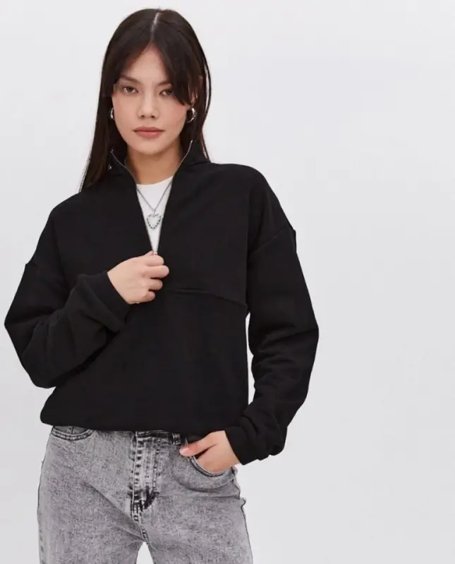 Oversize Half Zipper Collar Basic SweatShirt - Black - 3