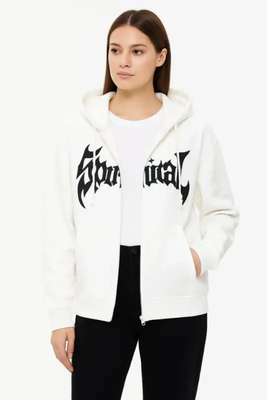 Oversize Hooded Sweatshirt 3-Thread Raised Cotton Fabric, Printed Front, Zippered Relaxed Fit, Winter and Street Style Sweat - White - 3